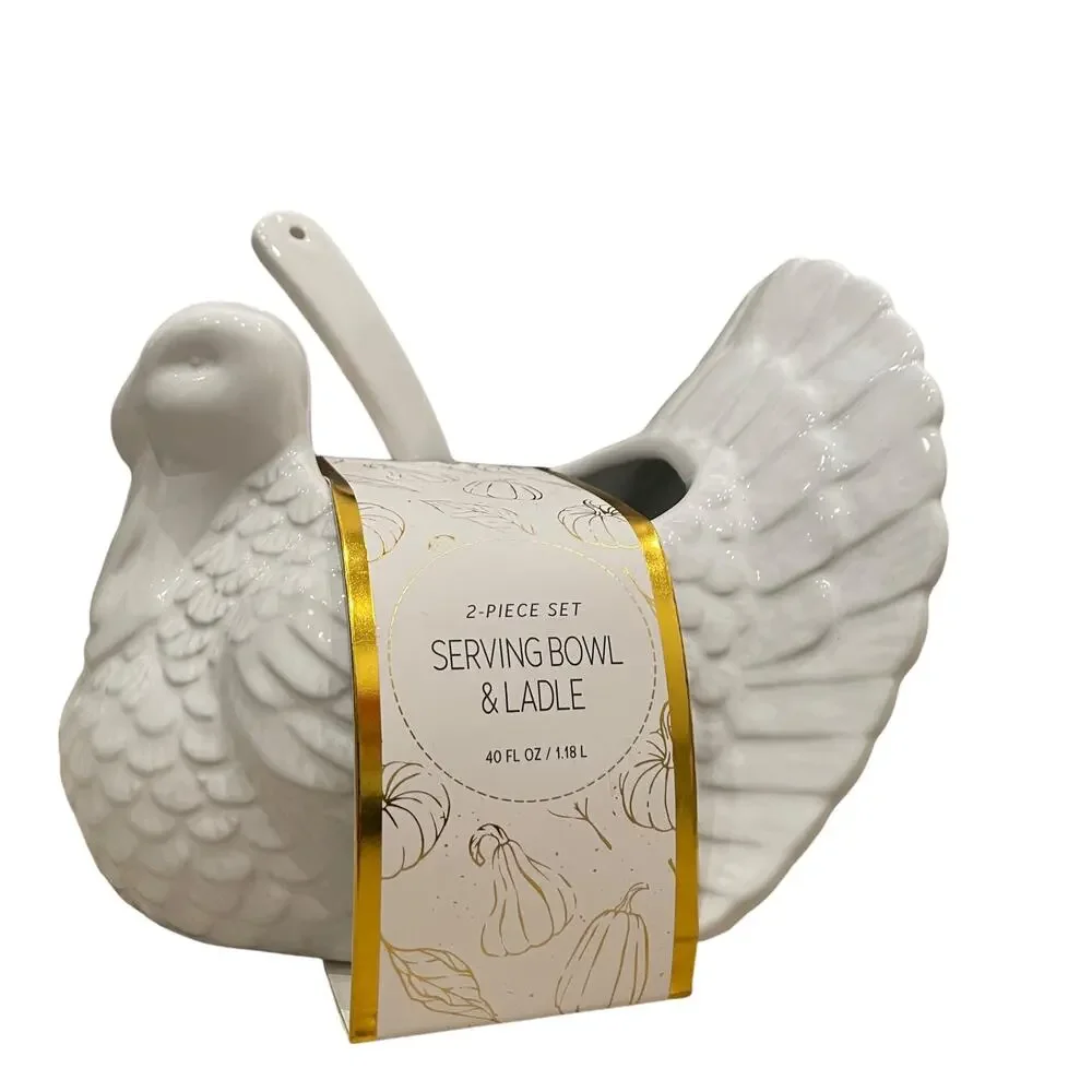 Turkey Shaped Serving Bowl and Ladle 2 Piece Set White 7in New